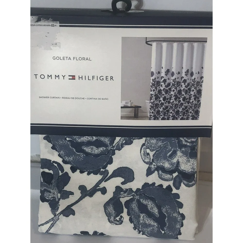 New Tommy Hilfiger “Goleta Floral” White Navy Blue Fabric Shower Curtain 72”